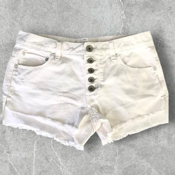 Free People White Jean Shorts High-Waisted Frayed Hem - Picture 1 of 13